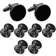 8 Pcs Mens Cufflinks Set, Black Round Cufflinks and Studs for Tuxedo, Smooth Finish, Quality Copper, Elegant Modern Design for Formal Occasions