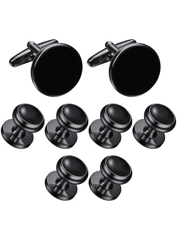 8 Pcs Men's Cufflinks Set, Black Round Cufflinks and Studs for Tuxedo, Smooth Finish, Quality Copper, Elegant Modern Design for Formal Occasions