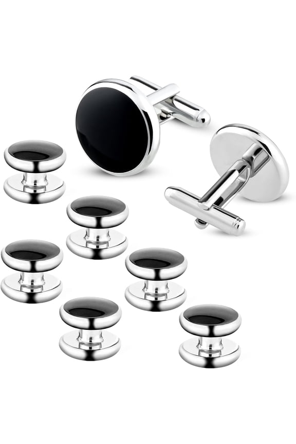 8 Pcs Men's Cufflinks, Tuxedo Studs Set for Men Classic Black&Silver Cufflinks Shirt Studs Men's Jewelry or Accessories Best Gift for Men Suitable for Wedding, Banquet, Ceremony, Business
