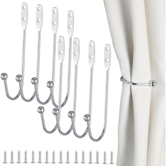 8 Pcs Metal Curtain Holdbacks, Tiebacks Wall Mounted Curtains Hooks Decorative Drapery Tie Backs Retro Window Hook with Screws for Drapes, Home Decor (Silver)