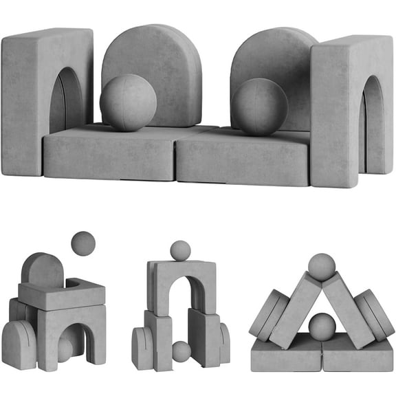 8 Pcs Modular Kids Play Couch, Fold Out Toddler Couch Building Fort with Balls for Playroom, Convertible Kids Floor Sofa and Foam Couches for Boys and Girls, 2000+ Creativity - Grey