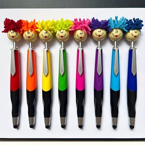 8 Pcs Mop Head Ballpoint Pens with Smiling Face Design, Fun Plush Hair Novelty Pens with Screen Cleaner Tip, 1.0mm Black Ink Writing Pens for Office Desk Supplies Party Favors Gift Set