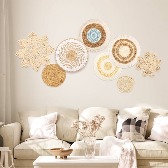 8 Pcs Multi Size Hand Woven Cattail Wall Basket Professional Textural Display8pcs)khaki)