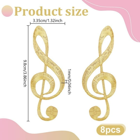 8 Pcs Music Notes Iron On Embroidered Applique Patch Music Embroidered Iron/Sew on Patches Applique Embroidered Repair Patch for Repair Clothing Backpacks Jeans Caps Gold 3.8x1.3inch