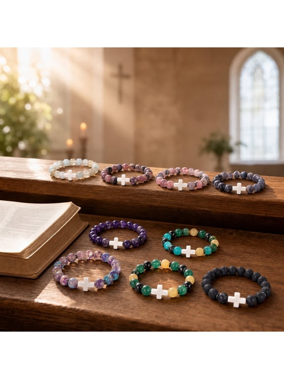 8 Pcs Natural Stone Cross Beaded Bracelets Faith Inspired Religious Jewelry 7 Inch Adjustable Stretch Bracelet Set for Christian Women Men Church Gifts Baptism Communion Easter Faith Keepsake Jewelry