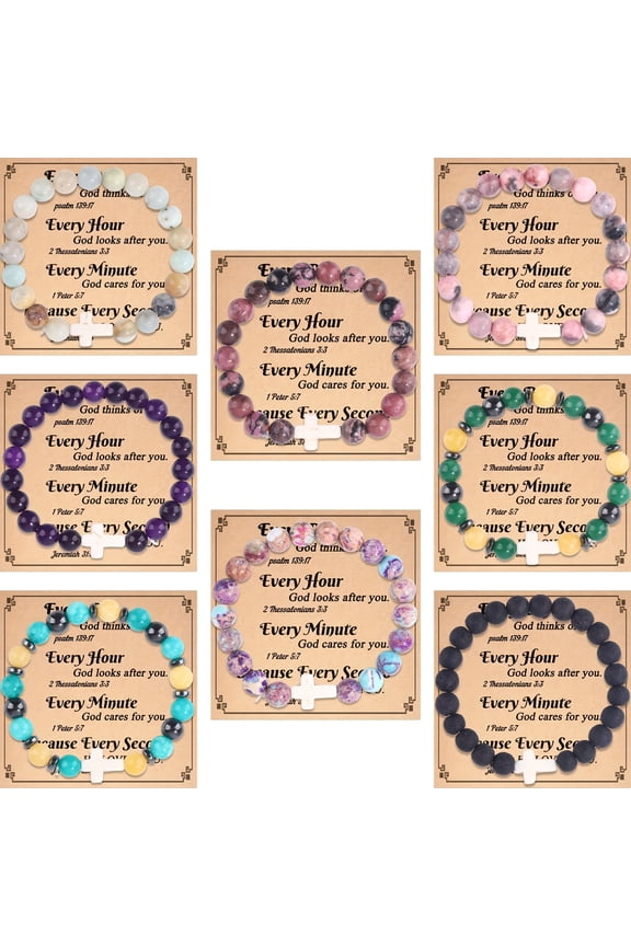 8 Pcs Natural Stone Cross Beaded Bracelets Faith Inspired Religious Jewelry 7 Inch Adjustable Stretch Bracelet Set for Christian Women Men Church Gifts Baptism Communion Easter Faith Keepsake Jewelry