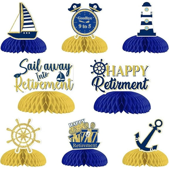 8 Pcs Nautical Retirement Party Decorations Sailing Into Retirement Table Honeycomb Centerpieces Nautical Themed Retirement Adventure Awaits Sign for Sailor Men Retirement Party Supplies