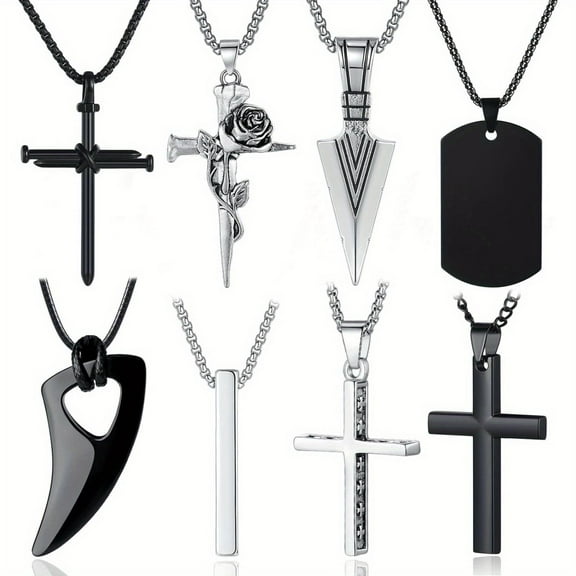 8 Pcs Necklace for Men, Mens Necklaces Jewelry Set, Black and Silver Stainless Steel Necklace, Cross Pendant Necklace, 16-24 Inches Chain
