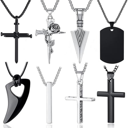 8 Pcs Necklace for Men, Mens Necklaces Jewelry Set, Black and Silver Stainless Steel Necklace, Cross Pendant Necklace, 16-24 inches Chain