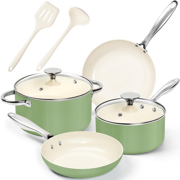 8-Pcs Nonstick Pots and Pans with Lid, Cookware Set, Green