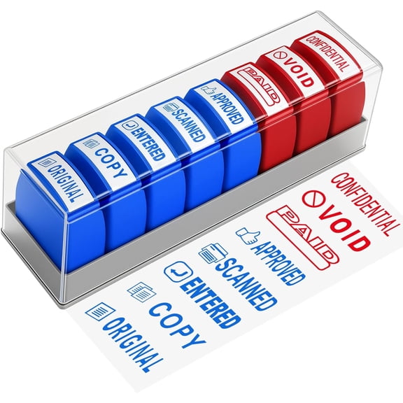 8 Pcs Office Stamps for Business, Paid Void Confidential Approved Original Copy Scanned Entered Self Inking Red & Blue Rubber Stamps with Storage Tray, Account Finance Staff Supplies