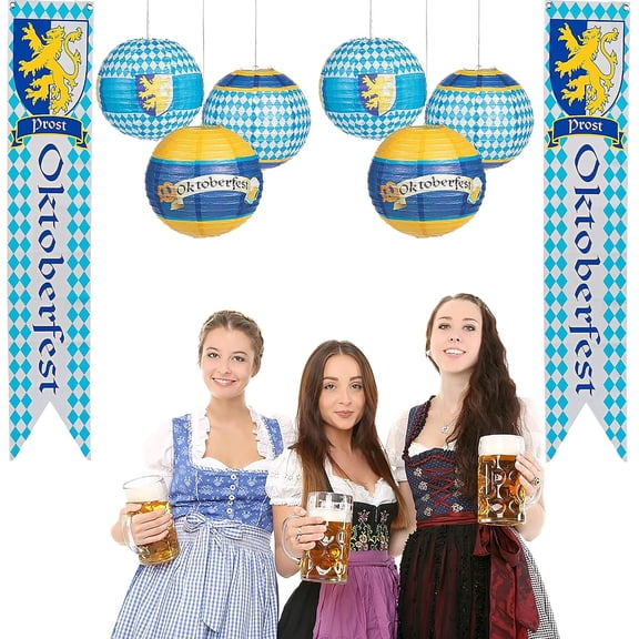 4E's Novelty 8 Piece Oktoberfest Decorations Set, 6 Paper Hanging Lanterns & 2 Party Banners