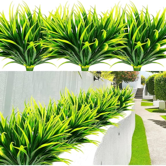 8 Pcs Outdoor Fake Plants,Faux Tropical Flowers Bushes Dcor for Fall Winter Summer, Plastic Greenery & Shrubs for Planters Patio Front Door Porch, 17.3 Inch, Green