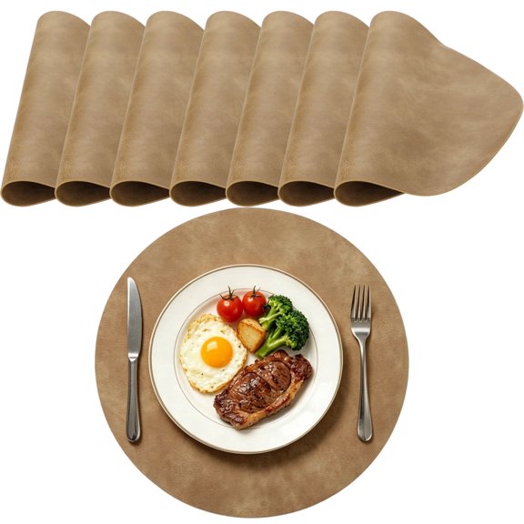 8 Pack 15" PU Leather Round Placemats Reversible HeatResistant Dining Mats, Waterproof & StainResistant Table Protectors for Kitchen, Dinner Parties & Everyday Use