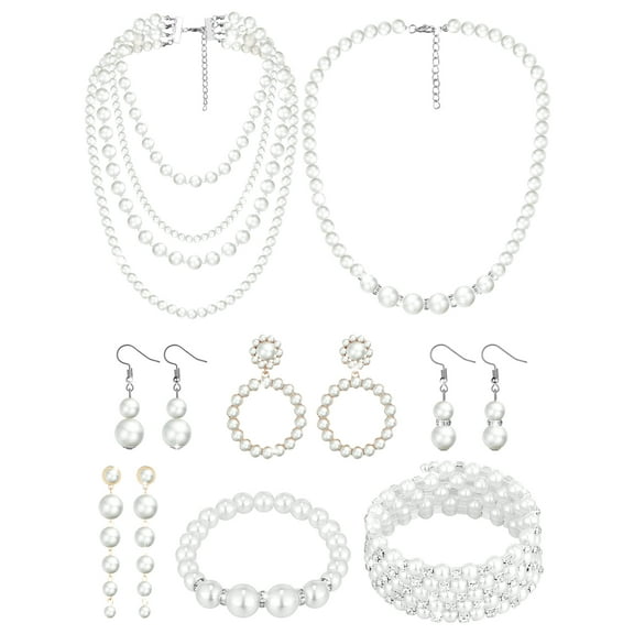 8 Pcs Pearl Necklace and Earrings Set for Women Pearl Jewelry Set Faux Necklace Earrings Simulated Bracelets