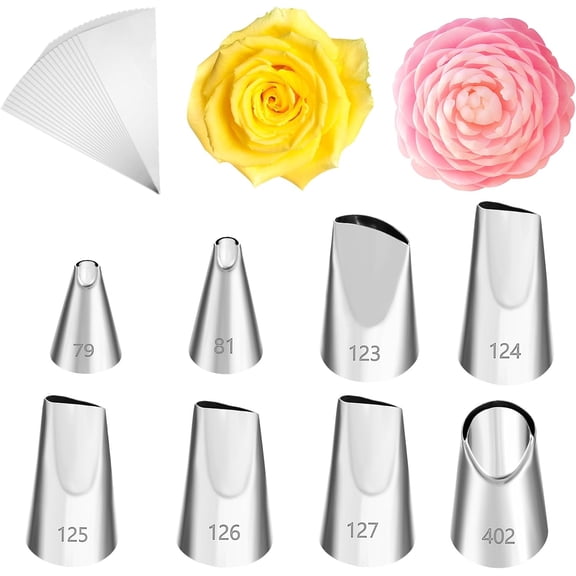 8 Pcs Petal Icing Tips Flower Leaf Piping Tip Set Rose Flower Piping Tips Set with 20 Pcs Disposable Pipi Bags Stainless Frosting Tip DIY Icing Nozzle Tool for Cake Decorating