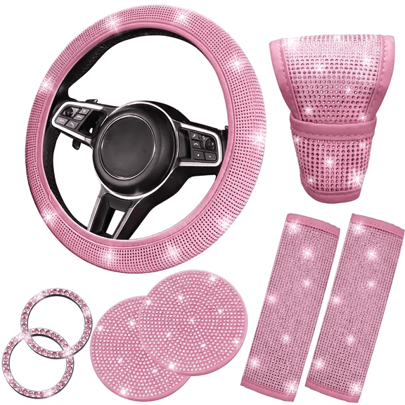 8 Pcs Pink Bling Car Accessories Set, Steering Wheel Cover, Seat Belt Covers, Gear Shift Cover, Universal Fit