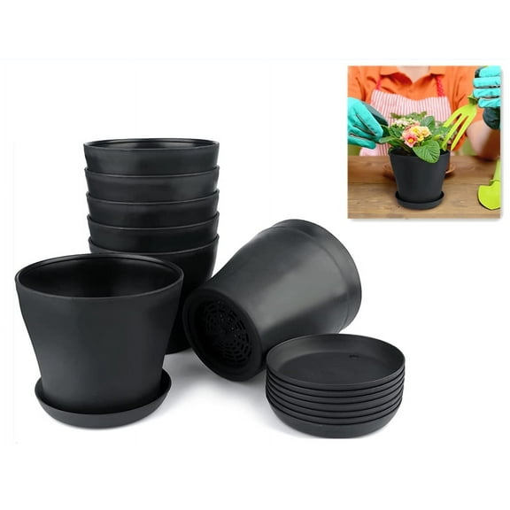 8 Pcs Plastic Planters Indoor Flower Plant Pots, 4Inch Mini Flower Seedlings Nursery Pot/Planter/Flower Pot with Pallet, Modern Decorative Gardening Containers,Black