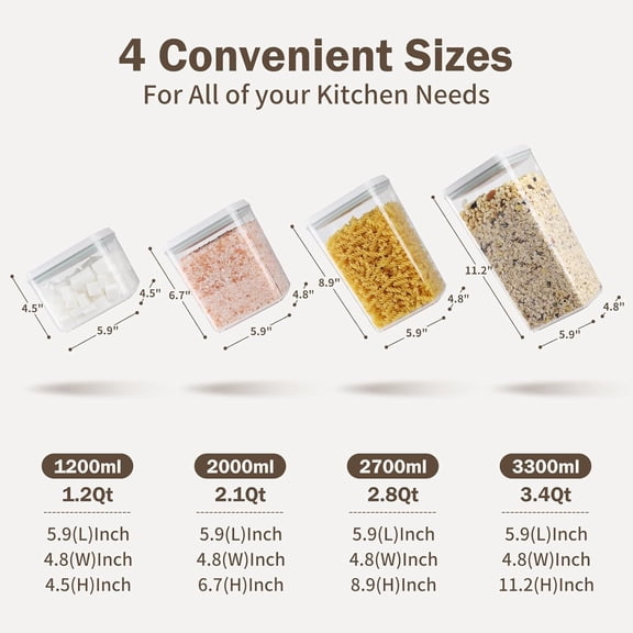 8 Pcs Pop Food Storage Containers Airtight Set with Lids, 3.4Qt, 2.8Qt, 2.1Qt, 1.2Qt