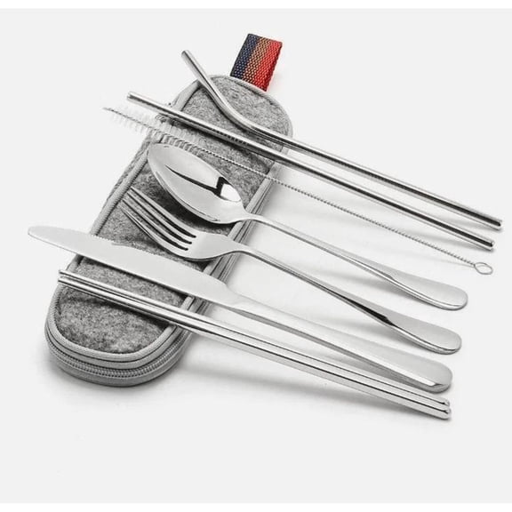 8 Pcs Portable Stainless Steel Flatware Set Travel Cutlery Set, Includes Knife Fork Straws For Travel&Home, Dishwasher Safe, Silver