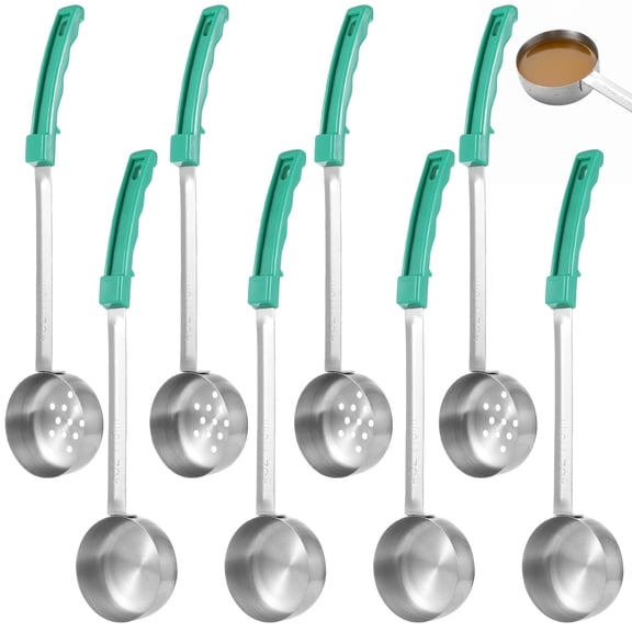 8 Pcs Portion Control Serving Spoons, Including 4 Slotted & 4 Solid Ladles, 4 Oz Stainless Steel Spoons with Non-Slip Plastic Handle for Home Kitchen, Gym Meal Prep, Cafés & Catering