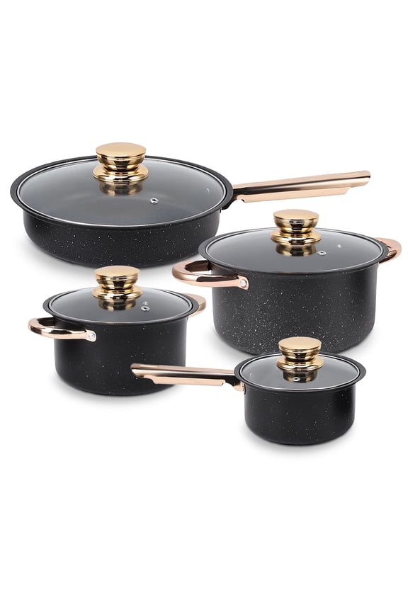 8 Pcs Pots and Pans Set Non Stick, Nonstick Kitchen Cookware Sets, Induction Cookware, For Oven & Dishwasher , Premium Kitchen Cooking Set with Gold Handles, Black
