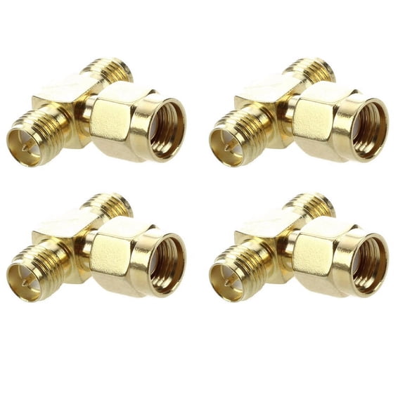 8 Pcs RP SMA Male to Two RP SMA Female Triple T Adapter Connector 3 Way Splitter,8 x RP SMA Male to 2 RP SMA Female RF Connectors,Gold Tone