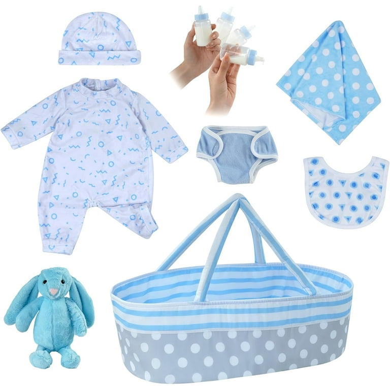 BABESIDE 8 Pcs Reborn Baby Doll Accessories with Bassinet for 17-22 Inch  Baby Doll,Baby Doll Clothes Outfit Accessories fit Reborn Doll Newborn Boy