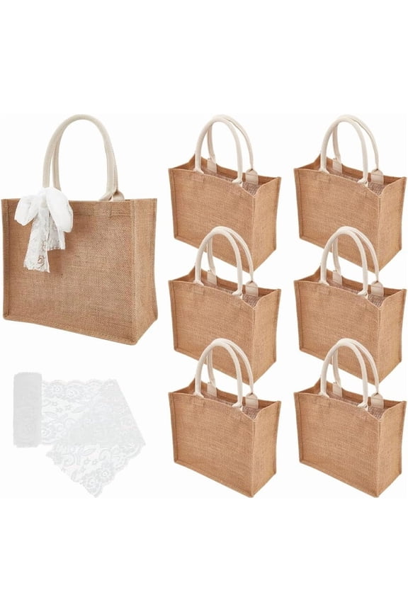 8 Pcs Rectangle Burlap Tote Bags Reusable Canvas Shopping Grocery Bags with Handles 1 Yard Elastic Lace Trim