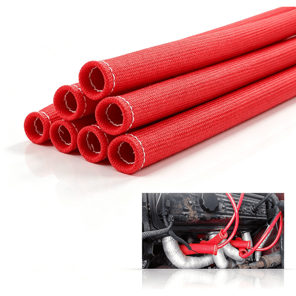 8 Pcs Red Spark Plug Wire Boots Heat Shield Sleeves, 6-Inch Fiberglass Protector Covers for SBC, BBC, 350, and 454 Engines, 1200F Rated