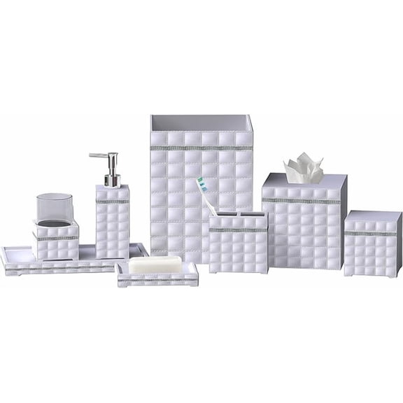 8 Pcs Resin Bath Accessory Set for Vanity Countertops Includes Cotton Container, Dish,Toothbrush, Tumbler,Soap Lotion,Waste Basket,Tissue Box Holder,Tray | White