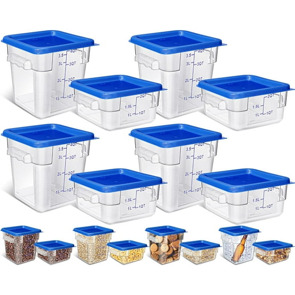 8 Pcs Restaurant Food Storage Containers with Lids Set 2Qt and 4Qt Commercial Restaurant Square Storage Containers Clear Food Cereal Container for Kitchen Freezer (Blue Lids)