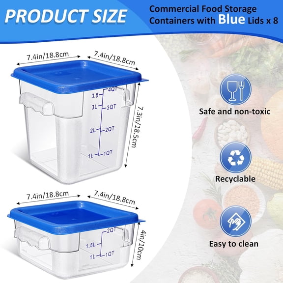 8 Pcs Restaurant Food Storage Containers with Lids Set 2Qt and 4Qt Commercial Restaurant Square Storage Containers Clear Food Cereal Container for Kitchen Freezer (Blue Lids)