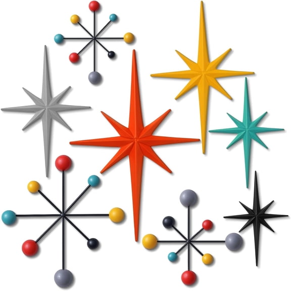 8 Pcs Retro Wall Decor Metal Mid Century Modern Art Retro Vintage Colors 3D Star Atomic Sculpture Iron Starburst Vintage Celestial Metal Wall Decor Accent Hangings for Home Office Room