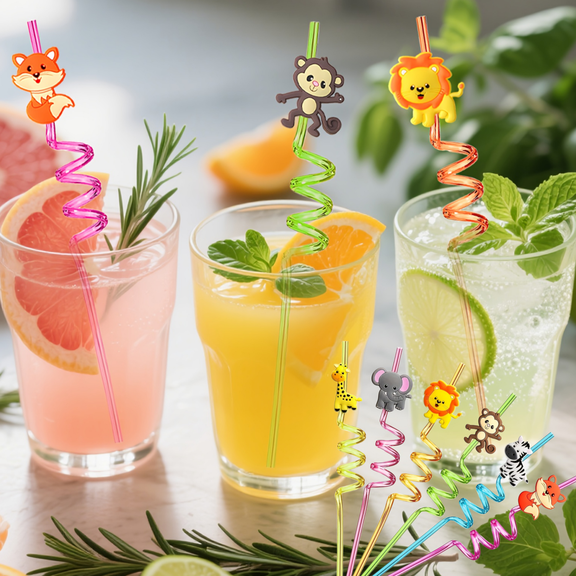 8 Pcs Reusable Curly Plastic Drinking Straws, Cute Jungle Animal Decor Straws for Party Drinks Home Daily Use