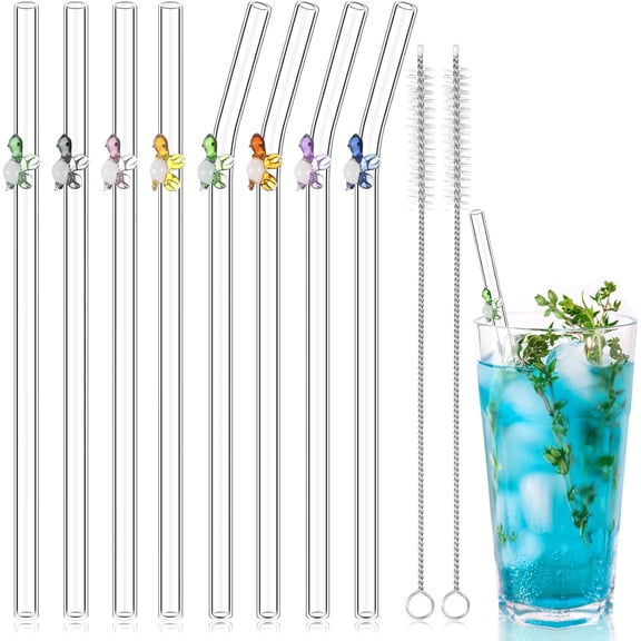 8 Pcs Reusable Glass Straws 7.9" Colorful Cute Turtle Design, Straws Shatter Resistant with Bend, Drinking Glass Suction Tubes for Cocktail Coffee Juice Beverage with 2 Cleaning Brushes
