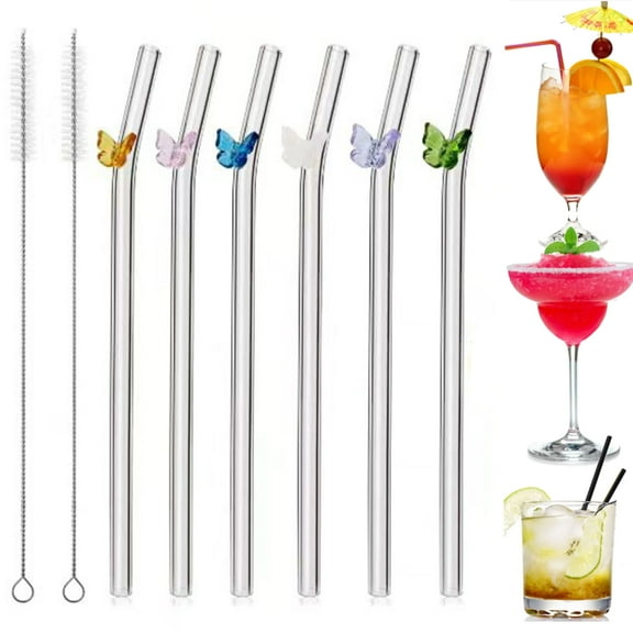Reusable Bent Glass Straws, 7.9in X 8mm, White Butterfly-Inspired Charm, 8 Count