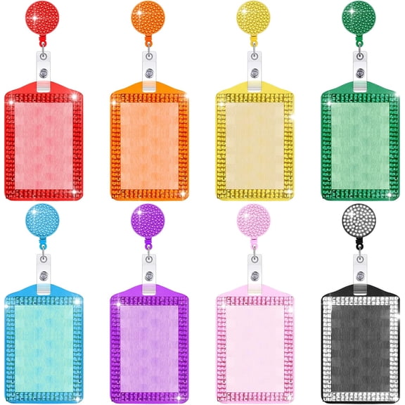 8 Pcs Rhinestone Bling ID Badge Holder Crystal Retractable Reel Clip Vertical Card Holders Office Nurse Business