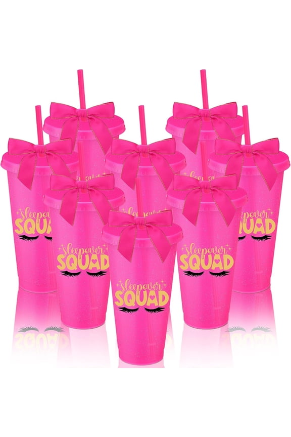 8 Pcs Rose Red Sleepover Party Supplies Slumber Party Cup Birthday Squad Cup with Lid Straw and Twist Bow 24 oz Plastic Coffee Tumbler Travel Mug for Spa Pajama Birthday Favor Stuff