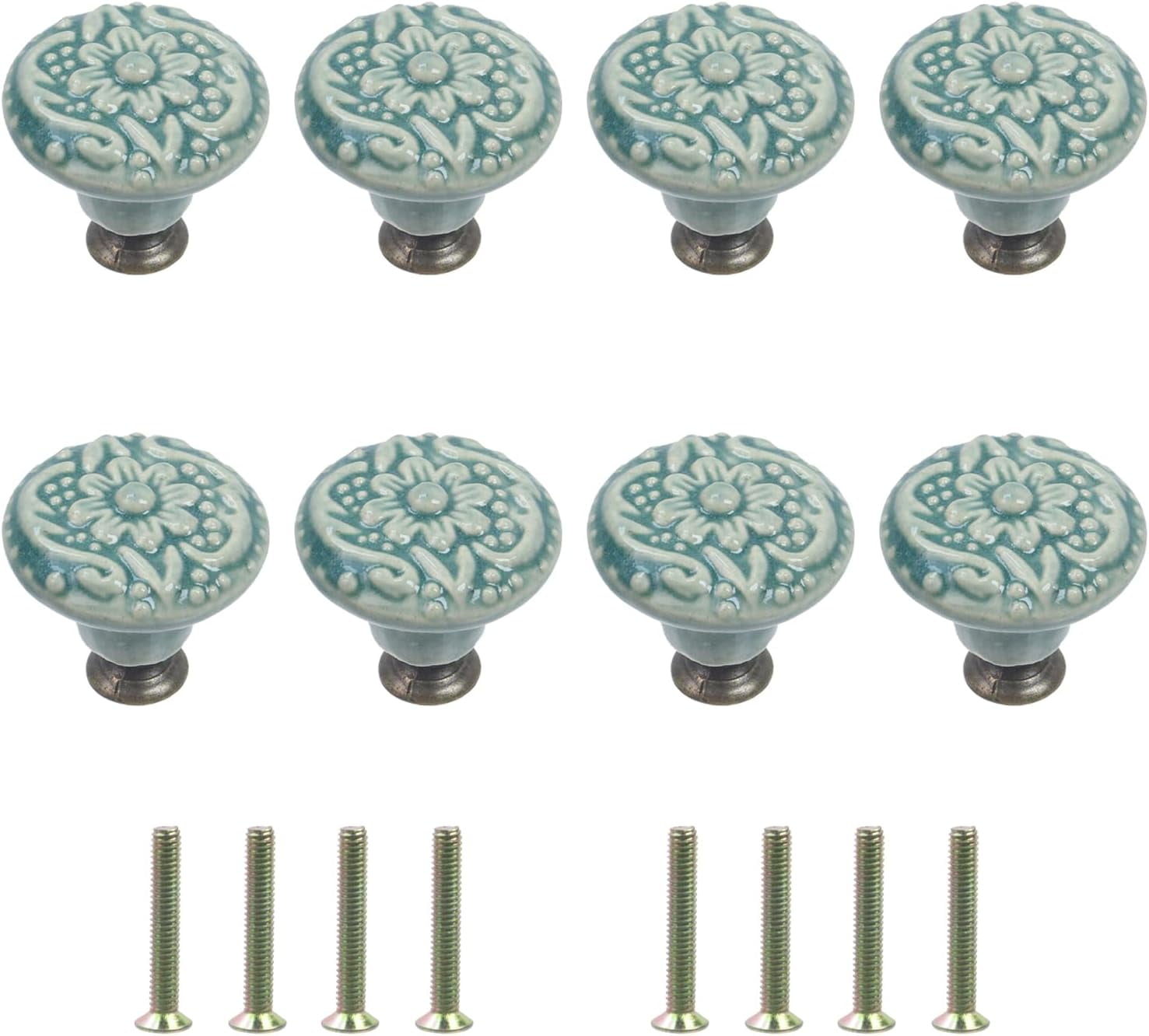 8 Pcs Round Ceramic Drawer Knobs Cabinet Furniture Handle Vintage Flower Pattern Knobs, with Mounting Screws, Green