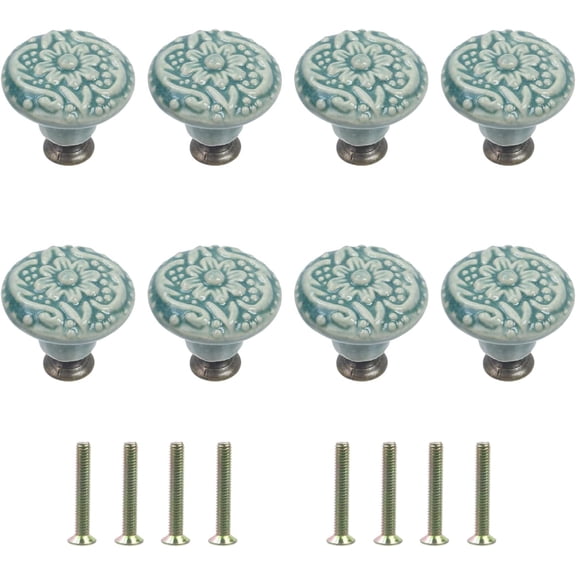 8 Pcs Round Ceramic Drawer Knobs Cabinet Furniture Handle Vintage Flower Pattern Knobs, with Mounting Screws, Green