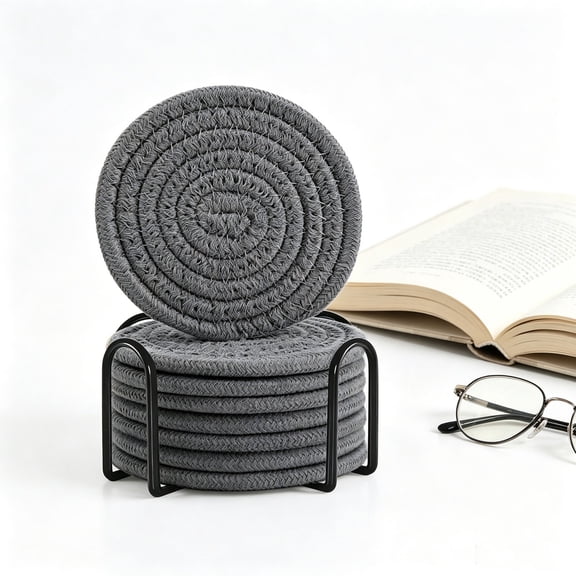 8 Pcs Round Cotton Rope Woven Coasters with Metal Storage Holder,Heat Insulation Anti-Scald Cup Mats for Tea,Coffee,Kitchen,Dining Table,Home Decor