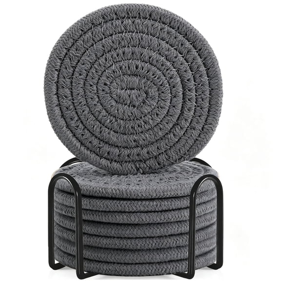 8 Pcs Round Cotton Rope Woven Coasters with Metal Storage Holder,Heat Insulation Anti-Scald Cup Mats for Tea,Coffee,Kitchen,Dining Table,Home Decor