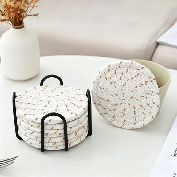 8 Pcs Round Cotton Rope Woven Coasters with Metal Storage Holder,Heat Insulation Anti-Scald Cup Mats for Tea,Coffee,Kitchen,Dining Table,Home Decor