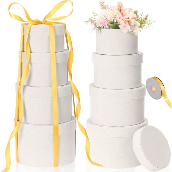 8 Pcs Round Gift Boxes with Lids for Presents Veet Nesting Gifts Flowers Boxes 4 Assorted Sizes with 1 Roll Ribbon for Wedding Birthday Party Decoration White
