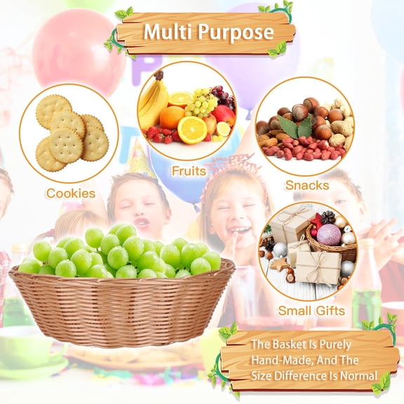 8 Pcs Round Large Plastic Bread Basket, Wicker Basket for Serving 10 x10 x3.3 Inch Woven Food Storage Basket, Fruit Basket, Gift Basket (Comes with Food Blotting Sheets) Brown