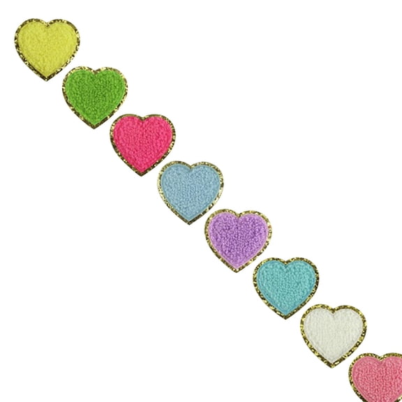 8 Pcs Self Adhesive Chenille Patch, Heart Colorful Patch Heart Iron On Chenille Heart Applique Gold Edges Embroidery Patches for DIY Clothes Decorative