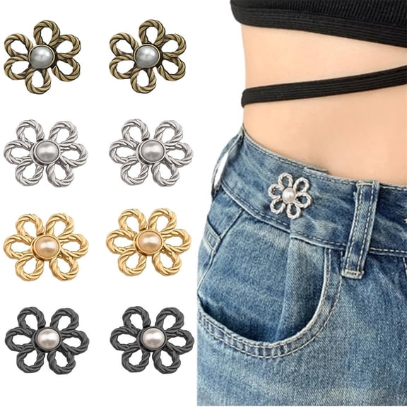 8 Pcs/Set Adjustable Waist Buckle,Flower Jeans Pant Waist Tightener,Pant Waistband Button Pins,Detachable Waist Tightener,No Sewing Instant Solution for Loose Jeans By Scheam