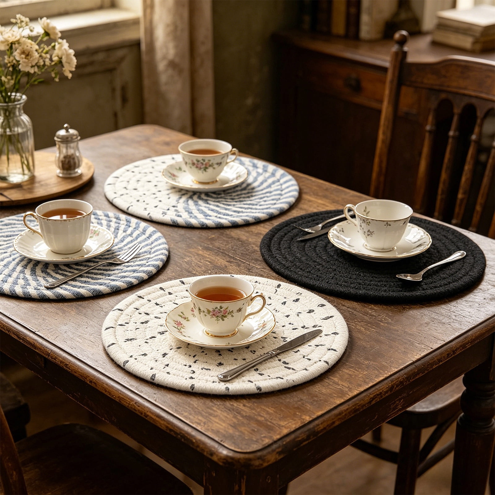 8 Pcs/Set Cotton Woven Coaster Set with Holder, 4.7-Inch Absorbent ...