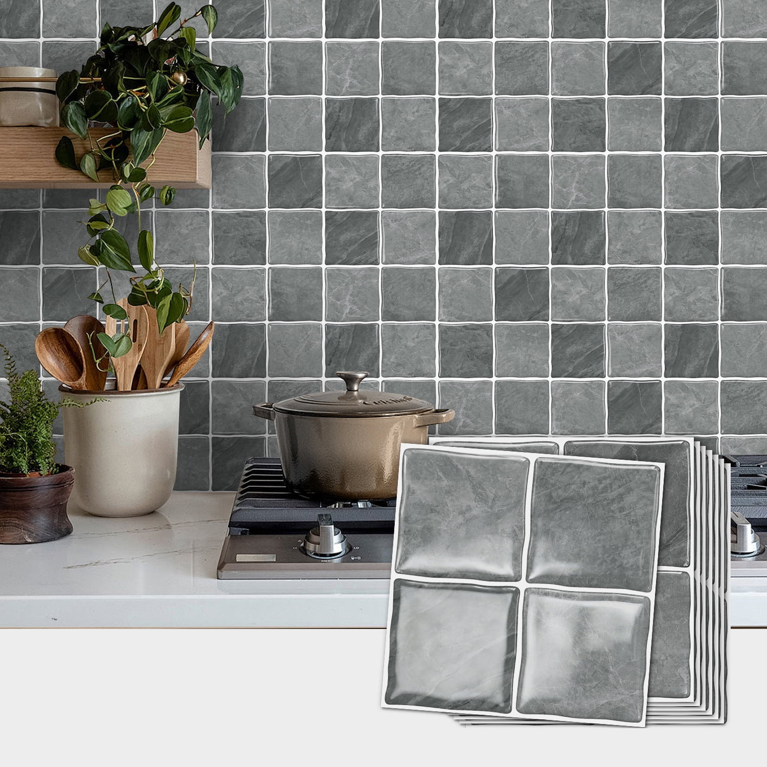 8 Pcs Set Tiles Wall Stickers 6x6 Inch Gray Marble Kitchen Backsplash ...